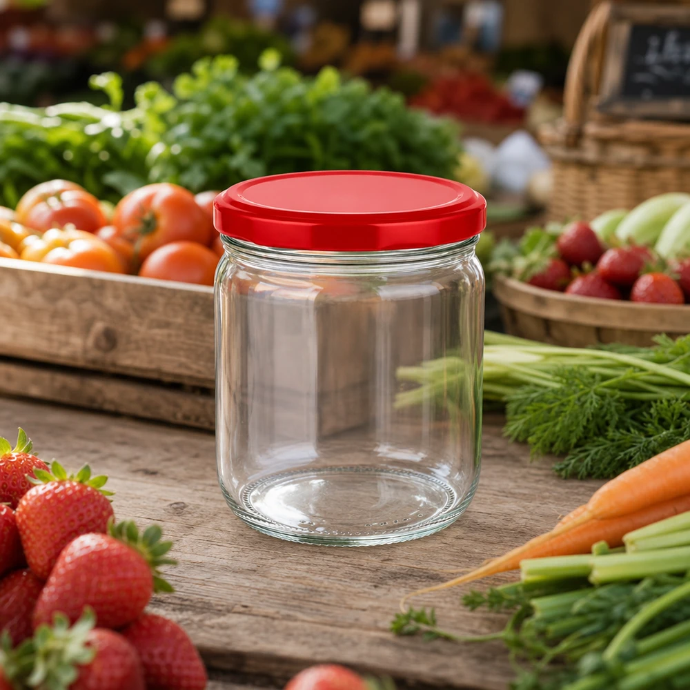 425ml rond glas met BasicSeal deksel rood UNiTWIST 425 ml ronde pot met rood UNiTWIST deksel tussen verse groenten - BasicSeal inmaakpot voor fruit en groenten