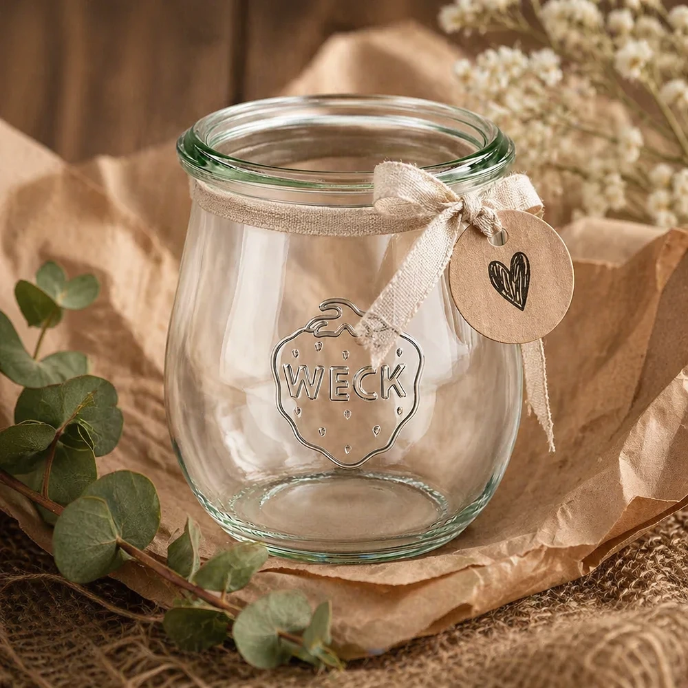 220ml tulpenpotten WECK RR60 WECK tulpenpot 220ml RR60 decoratief met lint en hanger op natuurlijke eucalyptus decoratie