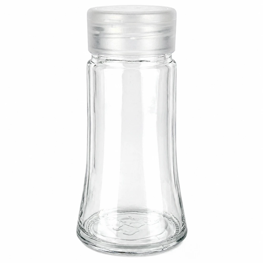 Zout-/kruidenpotje 95 ml met strooier, wit Leeg zoutstrooierglas van 95 ml met een wit kunststof deksel op een witte achtergrond