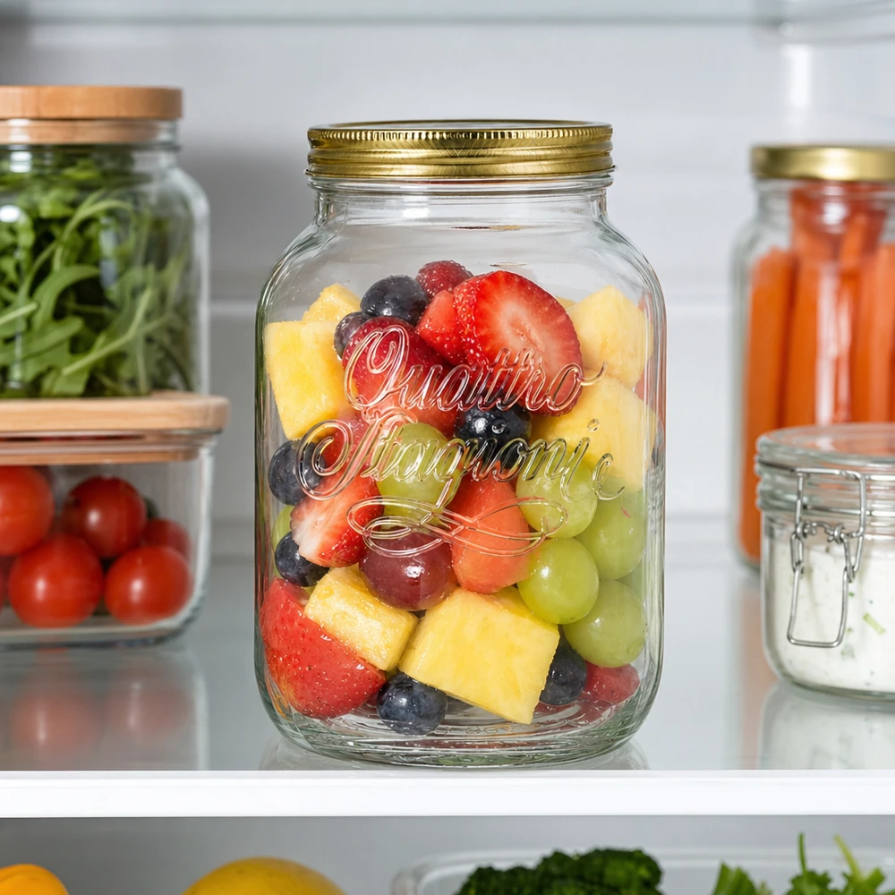 3000 ml rond glas "Quattro Stagioni" met deksel 3000ml Quattro Stagioni ronde pot met verse fruitsalade in de koelkast naast groenten en andere voorraadpotten