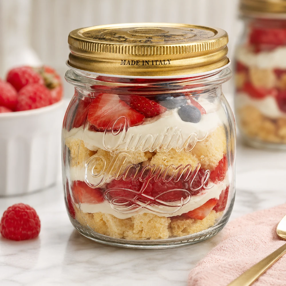 250ml rond glas Quattro Stagioni met gouden deksel gevuld met een gelaagd dessert van aardbeien en room Gemaakt in Italië