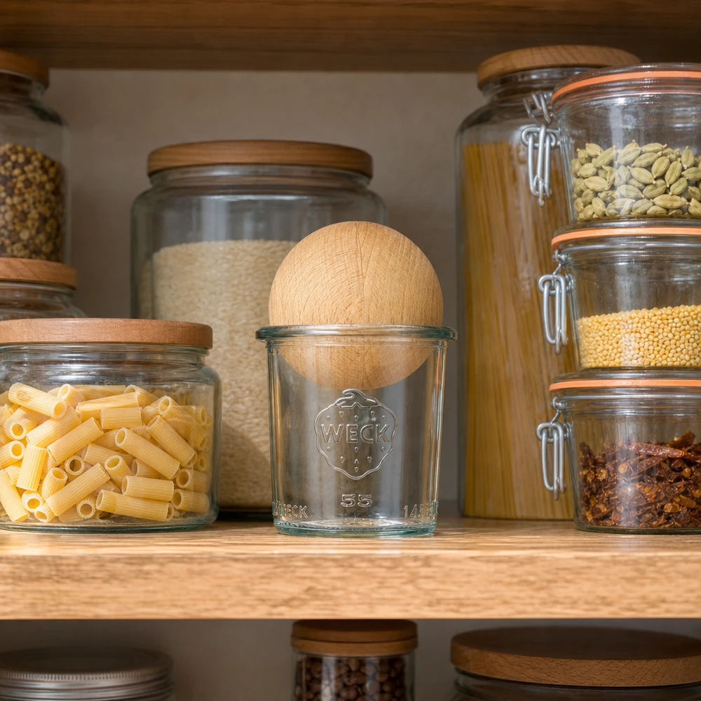 140ml stortglas WECK RR60 met houten bal WECK pot 140ml RR60 met beukenhouten bol in georganiseerde voorraadkamer tussen andere voorraadpotten