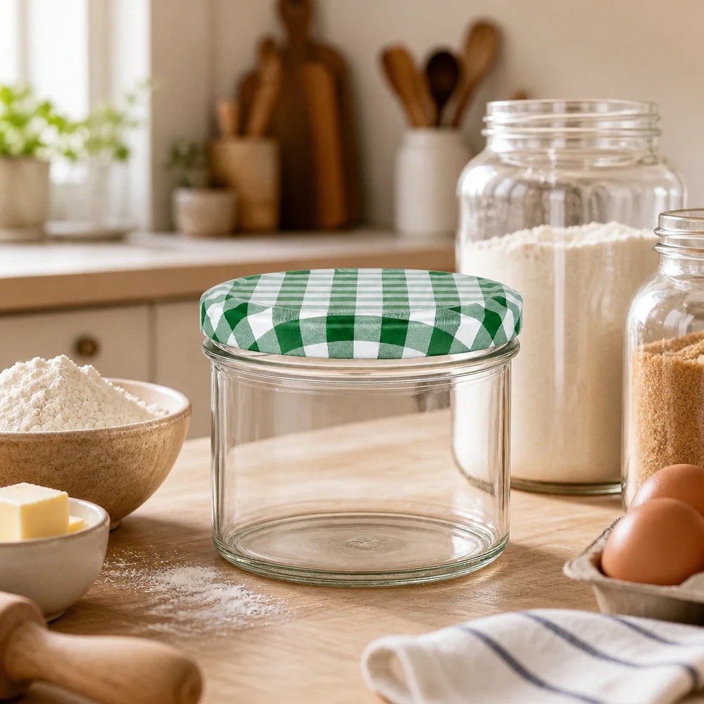 225ml bekers met BasicSeal deksel groen/wit UNiTWIST Lege bekers van 225 ml met groen-wit geblokte deksels in de bakkerijkeuken tussen de meelkom en voorraadpotten
