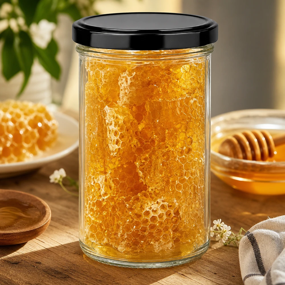 277ml bekers met BasicSeal deksel zwart UNiTWIST 277ml Sturzglas mit Honigwaben gefüllt zeigt praktische Verwendung als Vorratsglas für Naturprodukte