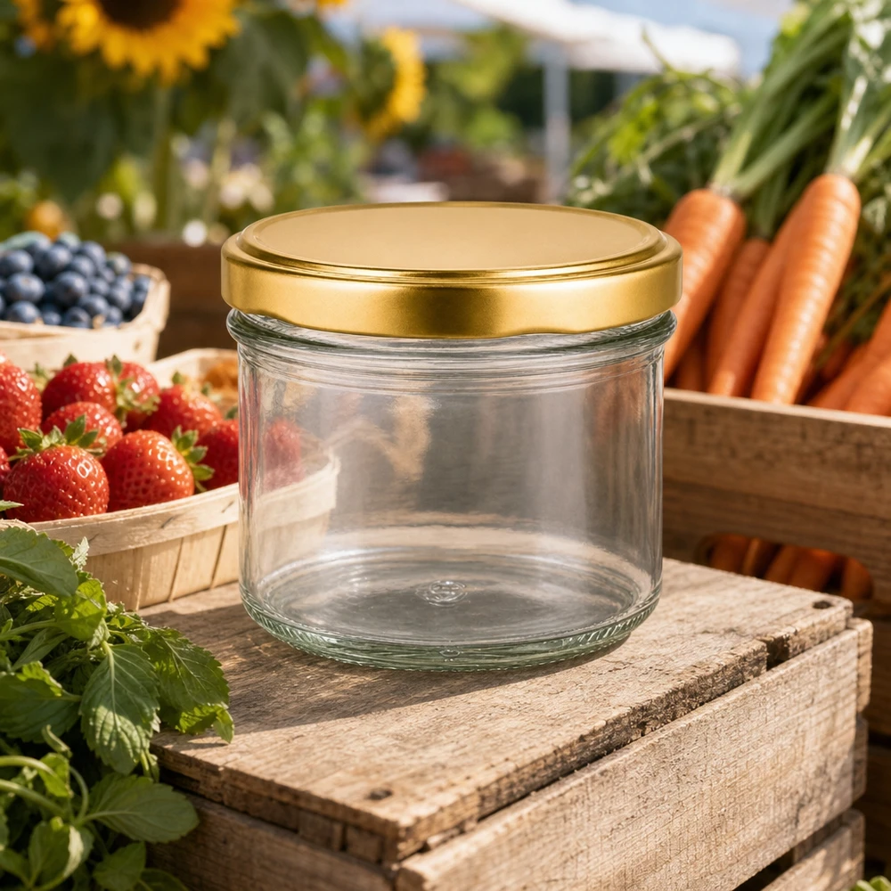 225ml bekers met BasicSeal deksel goud UNiTWIST 225ml UNiTWIST BasicSeal gouden pot leeg op houten krat tussen verse aardbeien, wortelen en bosbessen in de tuin