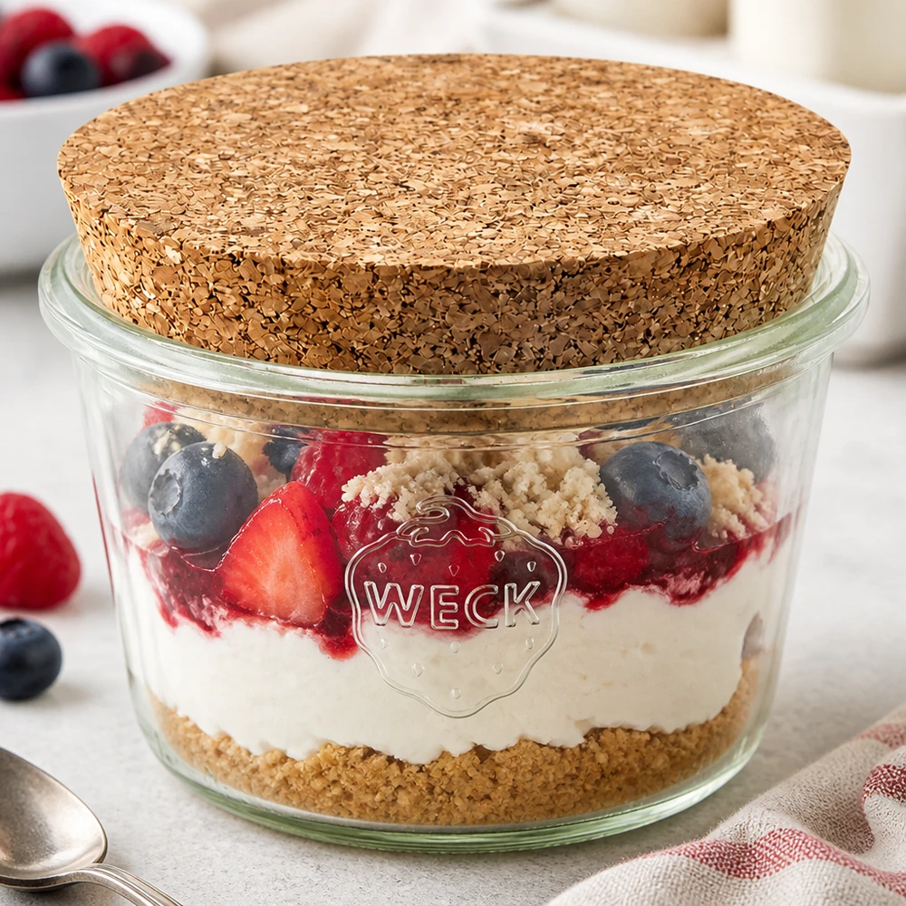 WECK bekers 370ml RR100 met kurk gevuld als gelaagde dessertpot met bessen, yoghurt en hagelslag