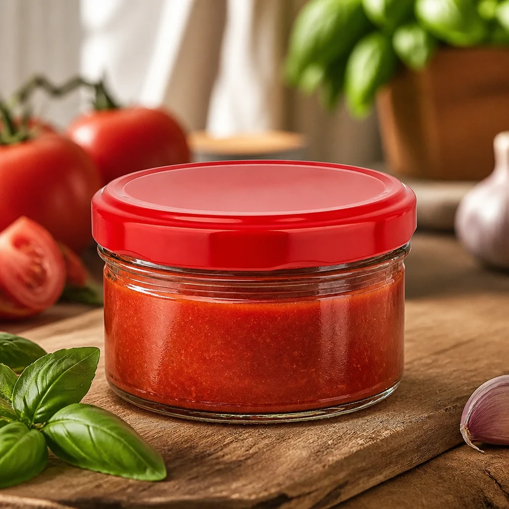 Doorzichtig rond glazen potje van 186 ml met rode draaidop voor tomatenpuree en pesto’s