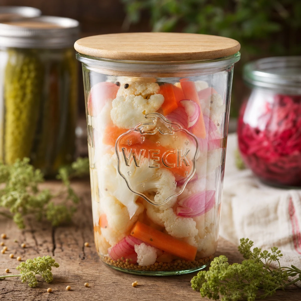 WECK inmaakpot 850ml RR100 met ingemaakte groenten bloemkool wortelen uien gefermenteerd voedsel houten deksel