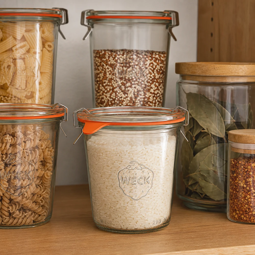 290ml stortglas hoge compleet WECK RR80 WECK beker 290ml RR80 voor het bewaren van rijst, pasta en ontbijtgranen in een georganiseerde voorraadkeuken