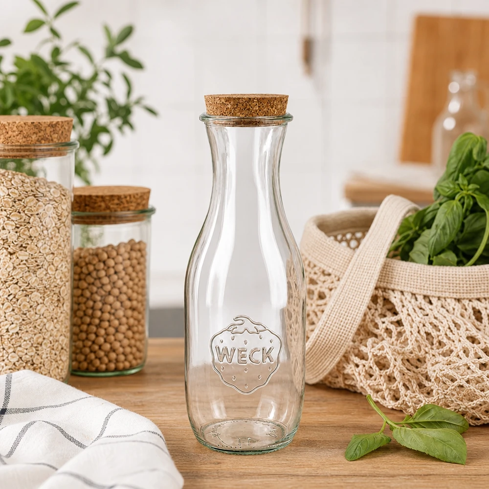 WECK sapfles 1062ml RR60 met natuurkurk in duurzame zero-waste keuken naast voorraadpotten en jute zakken