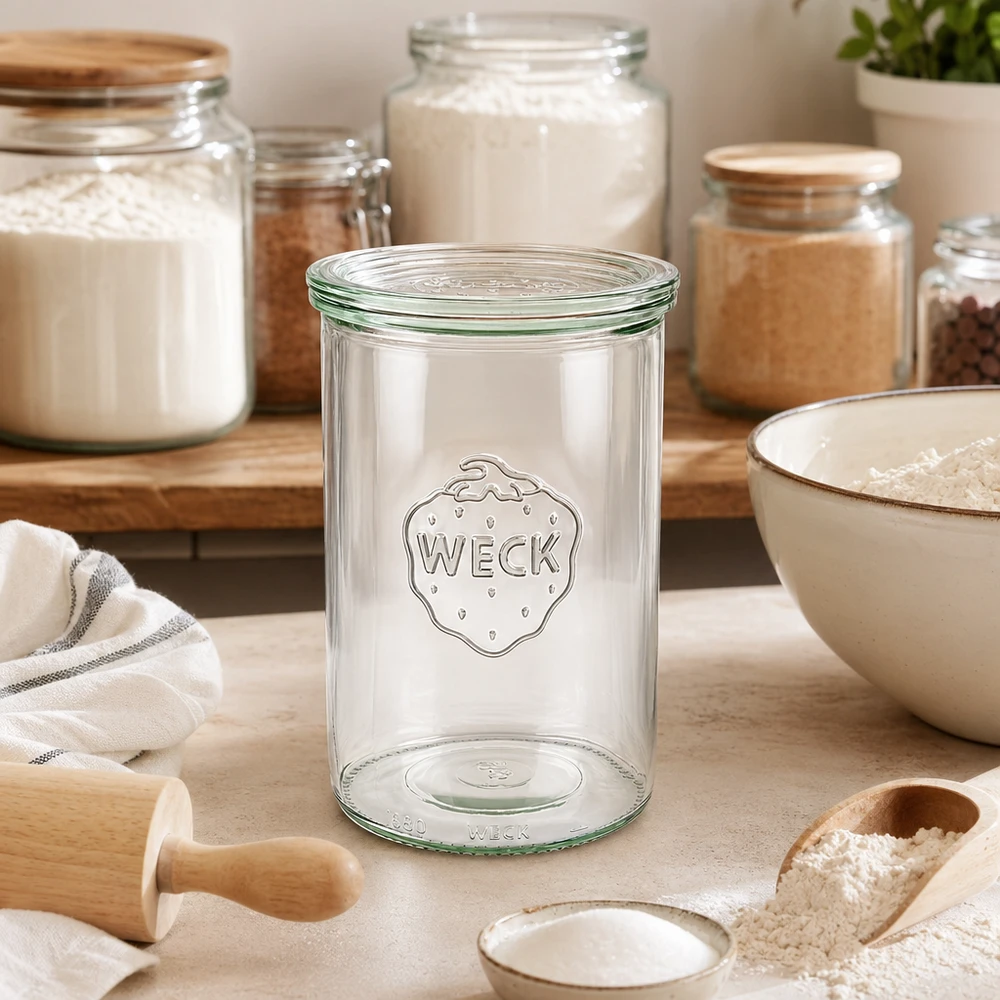 1000ml stortglas met glazen deksel WECK RR100 WECK tuimelaars 1000ml RR100 leeg in heldere keuken tussen voorraadpotten met meel en bakspullen voor bakken