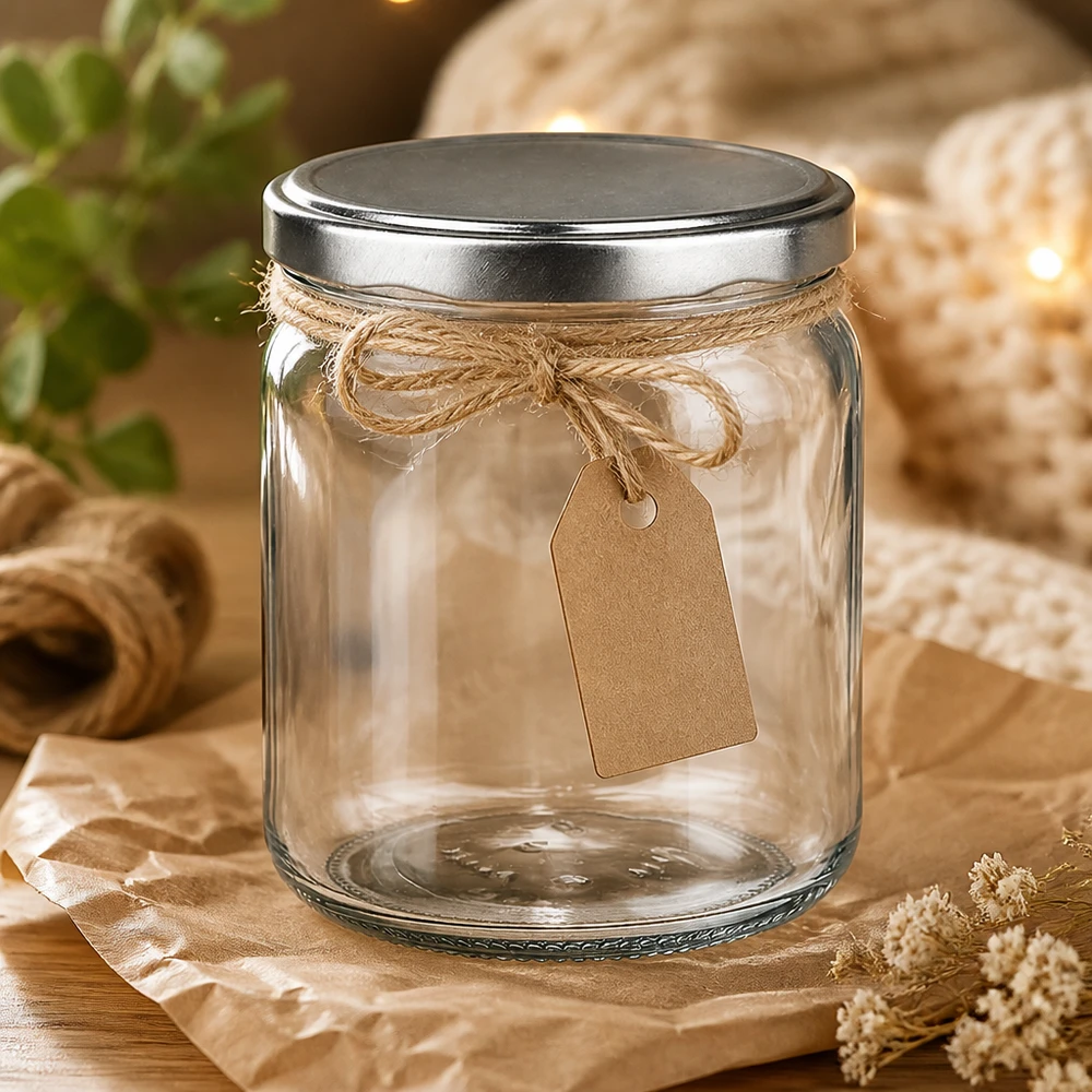 408ml rond glas BasicSeal deksel zilver gedecoreerd met jute lint en hanger op houten tafel rustiek geënsceneerd