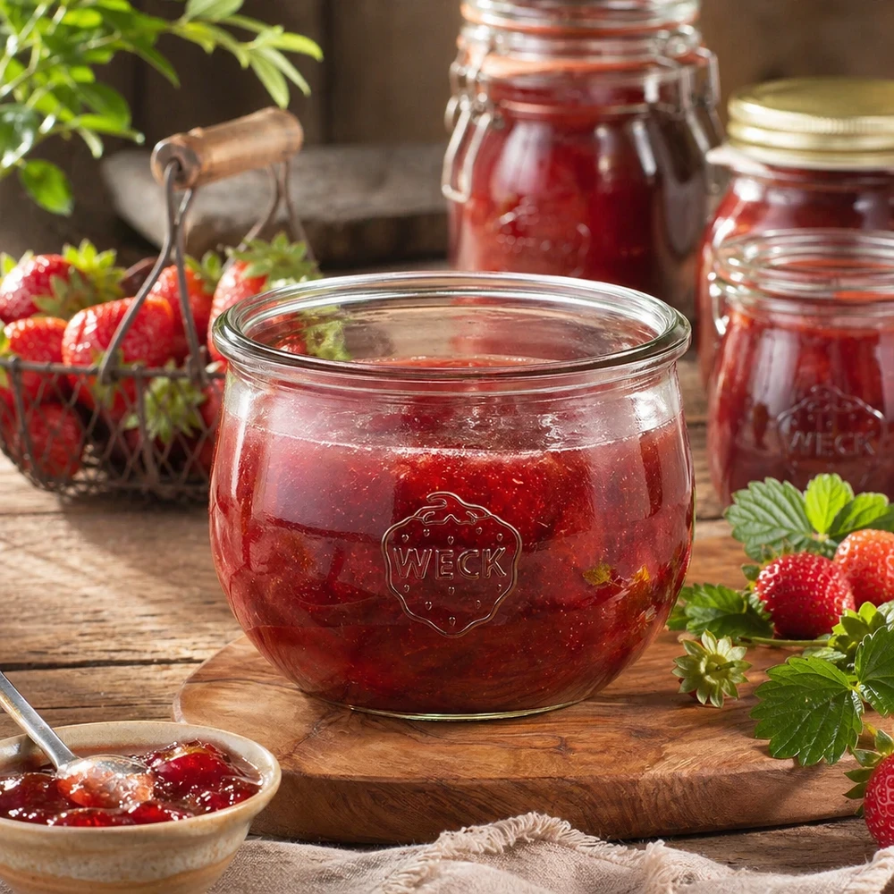 WECK RR100 Tulpenpot 580ml gevuld met aardbeienjam op een houten plank met verse aardbeien en inmaakpotten