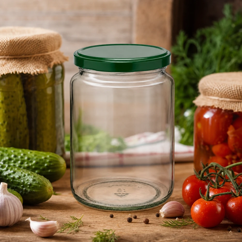795ml rond glas met BasicSeal deksel groen UNiTWIST 795ml UNiTWIST inmaakpot met groen deksel tussen verse groenten en gevulde inmaakpotten op een houten tafel