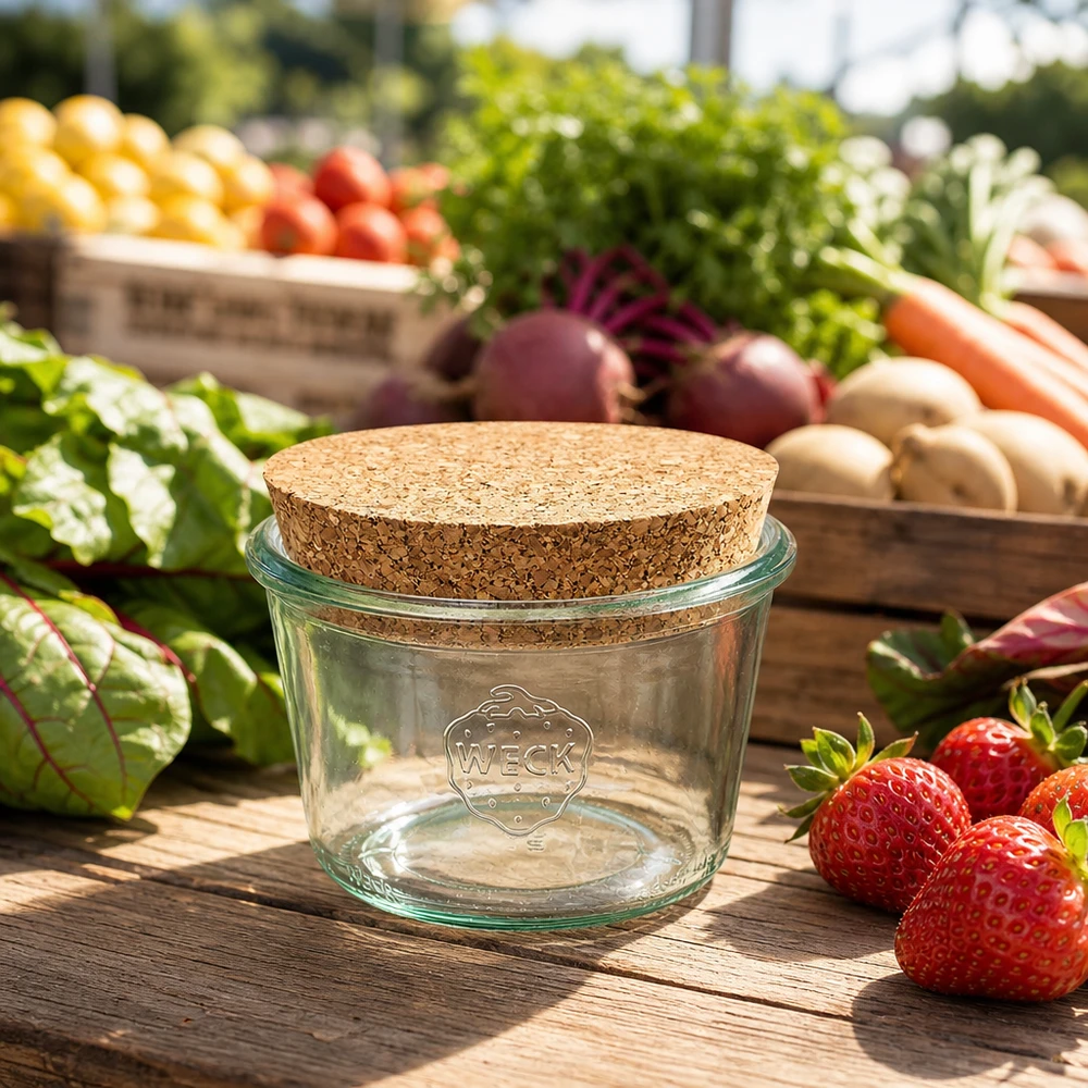 370ml stortglas WECK RR100 met kurk WECK RR100 bekers 370ml met kurken deksel op een houten tafel tussen aardbeien en verse groenten van de markt