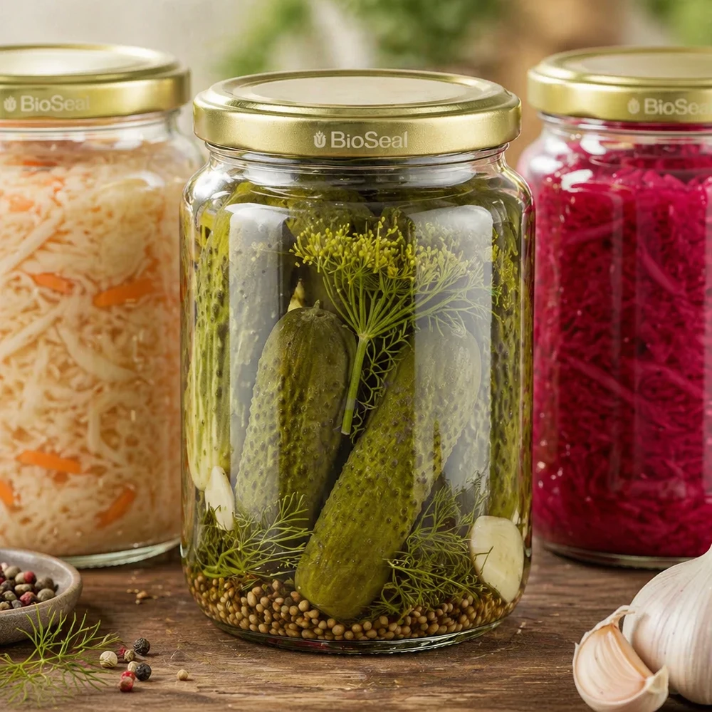 Honingpot 1000 g met gouden BioSeal UNiTWIST-deksel 1000g BioSeal honingpotten set met ingemaakte augurken zuurkool en jam toont een verscheidenheid aan conserveringstoepassingen