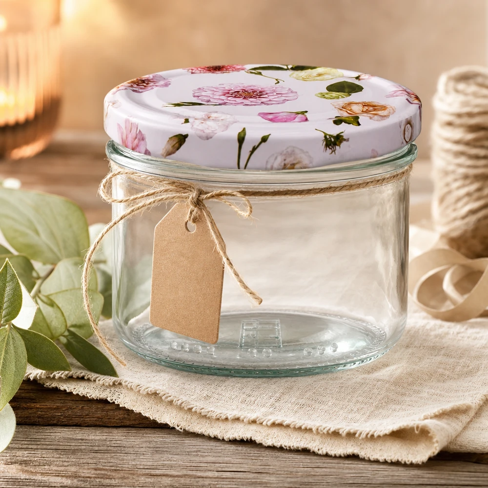 Cilindrische pot 230 ml + deksel BasicSeal roze bloem Lege inmaakpot van 230 ml met bloemendeksel en kraftpapieren label - decoratieve voorraadpot op een houten basis