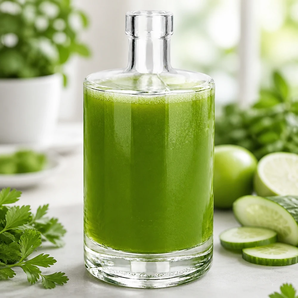 500ml glazen fles Marie gevuld met groene smoothie omringd door komkommer en kruiden voor gezonde drankinspiratie
