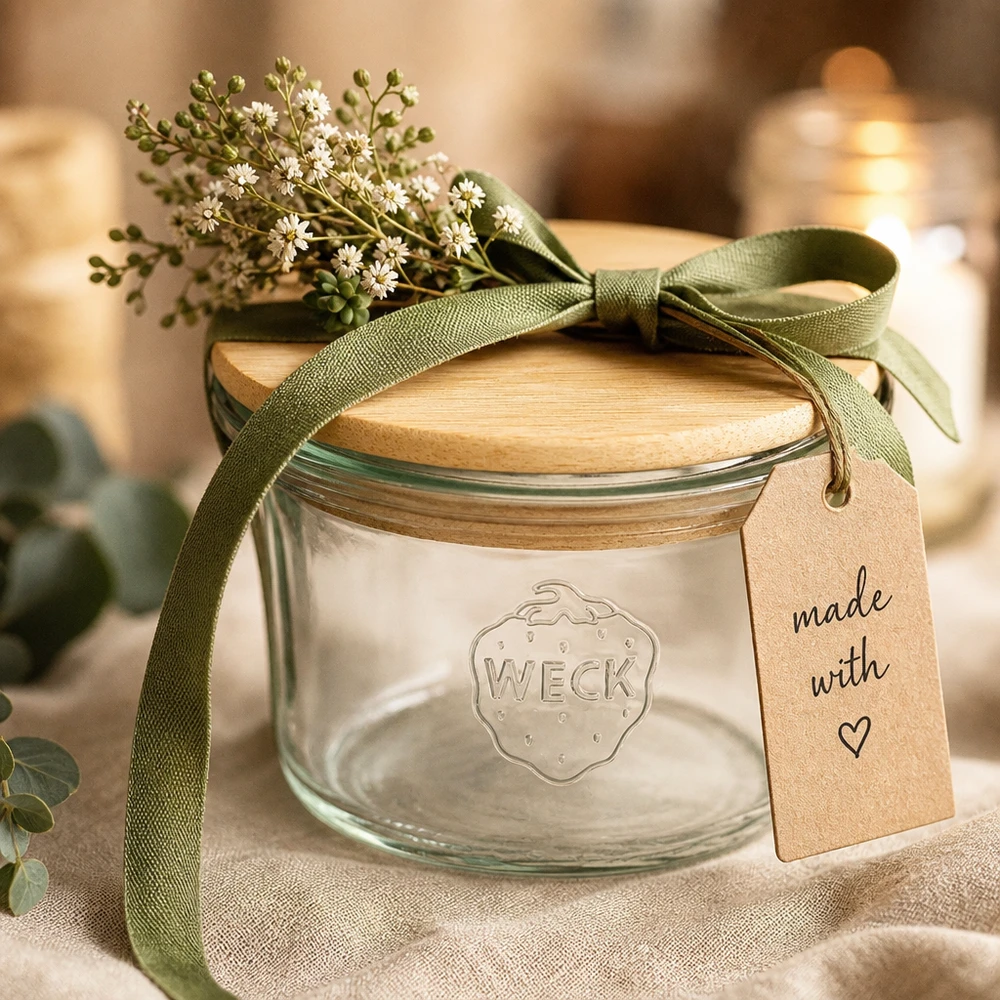 WECK mini mason jar 35ml met houten deksel als cadeau-idee met groen lint bloemen en Made with Love tag