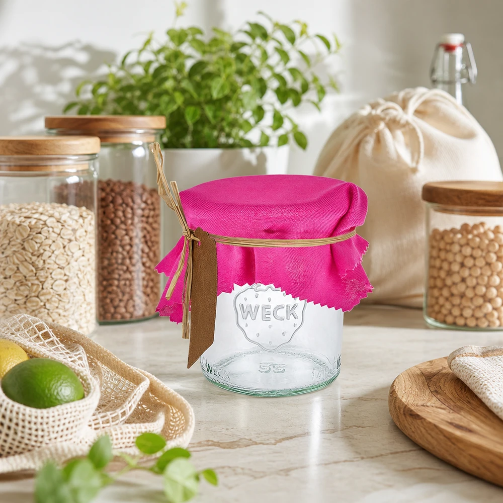 Stoffen lapje voor deksel roze 12cm hoekig Roze stoffen doily 12cm vierkant op pot in duurzame zero waste keuken met voorraadpotten