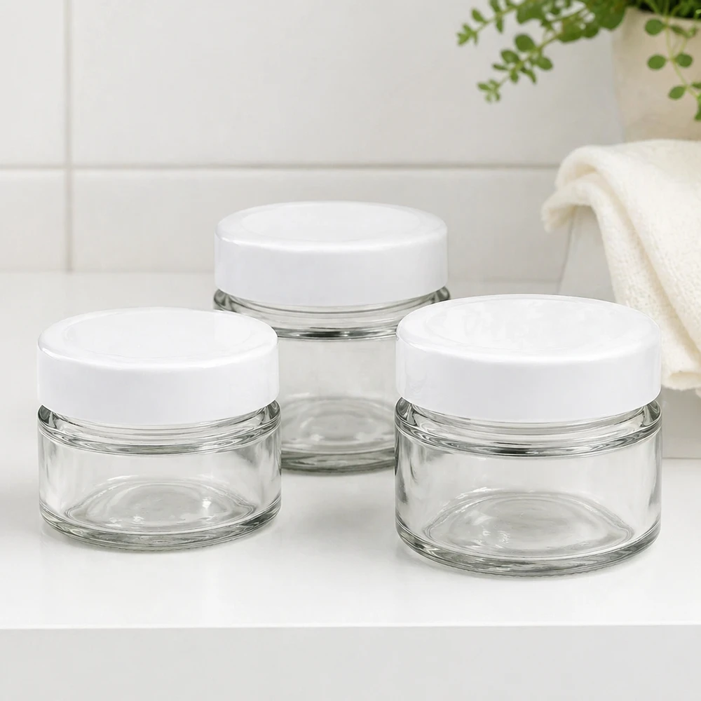 80ml rond glas met BasicSeal deksel wit deep UNiTWIST 80ml ronde potten set met BasicSeal deksel in de badkamer - elegante glazen potten voor cosmetica en badkamerbenodigdheden