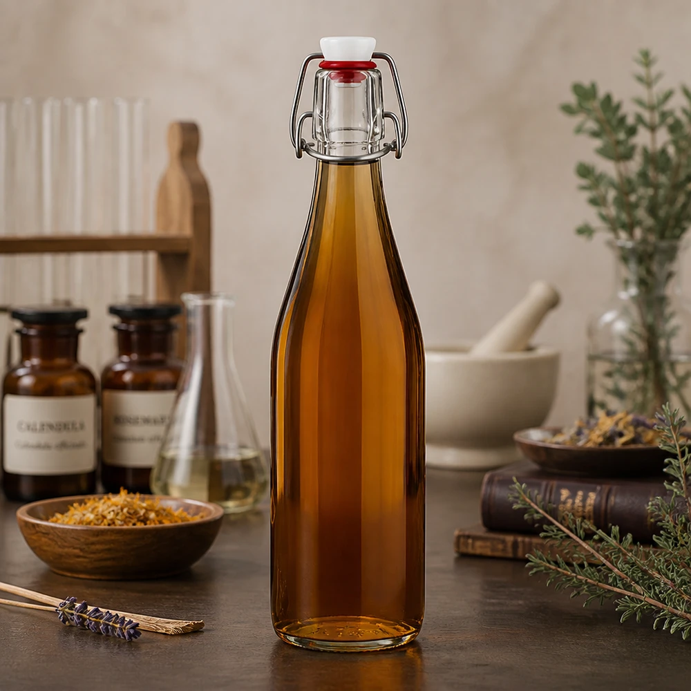 500ml glazen fles + draaidop PVC UNiTWIST 500ml Glasflasche Bügelverschluss amber braun apotheker Design mit Naturkräutern Heilpflanzen vintage Küche nostalgisch