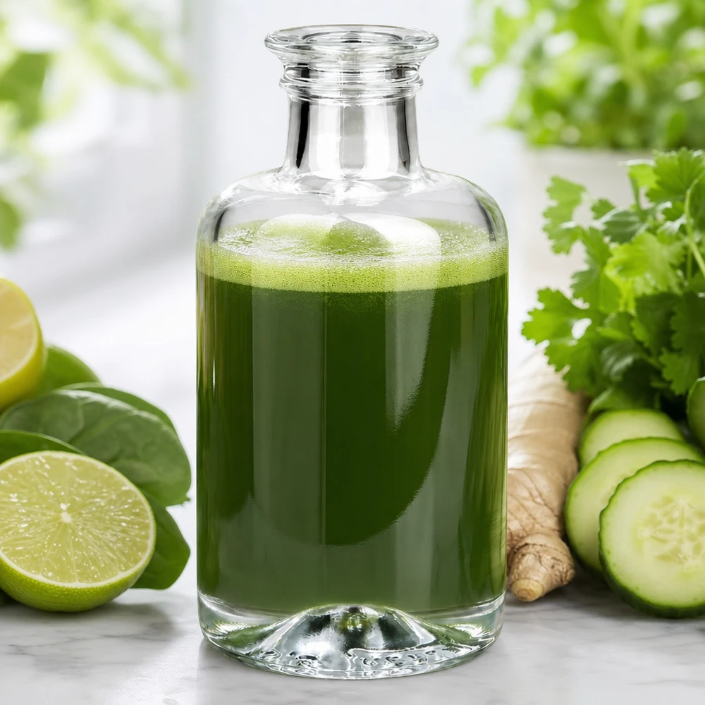 100 ml apothekersfles Sofia zonder sluiting UNiTWIST® 100ml Sofia glazen fles gevuld met groene groentesap met komkommer, limoen, gember en kruiden op een witte achtergrond