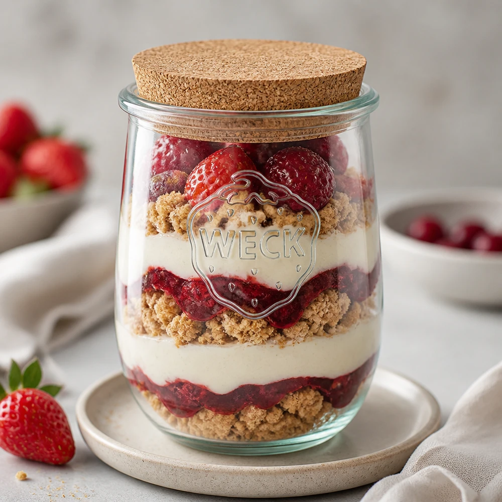 WECK tulpenpot RR100 1062ml als een gelaagde dessertpot met aardbeien, room en koekkruimels decoratief gerangschikt