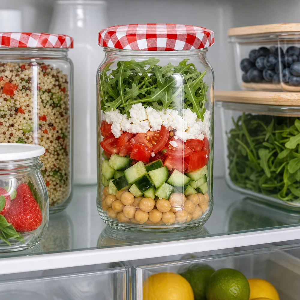 1062ml rond glas met BasicSeal deksel rood/wit UNiTWIST 1062ml Rundglas mit rot-weiß kariertem Deckel als Meal-Prep Salatglas im Kühlschrank mit Schichtsalat und Kichererbsen