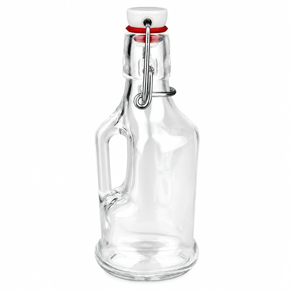 200 ml glazen fles Bertha en porseleinen beugelsluiting UNiTWIST® 200ml glazen fles Bertha met wit porseleinen draaidop en handvat van UNiTW op een witte achtergrond