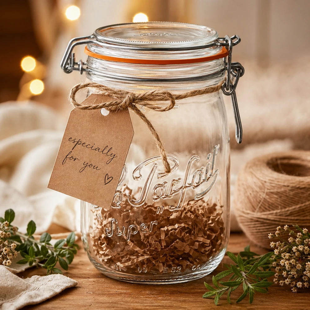 Le Parfait® pot 1 L Ø85 mm voorraad Le Parfait voorraadpot 1000ml met draaidop en super reliëf, versierd met cadeaulabel op houten tafel