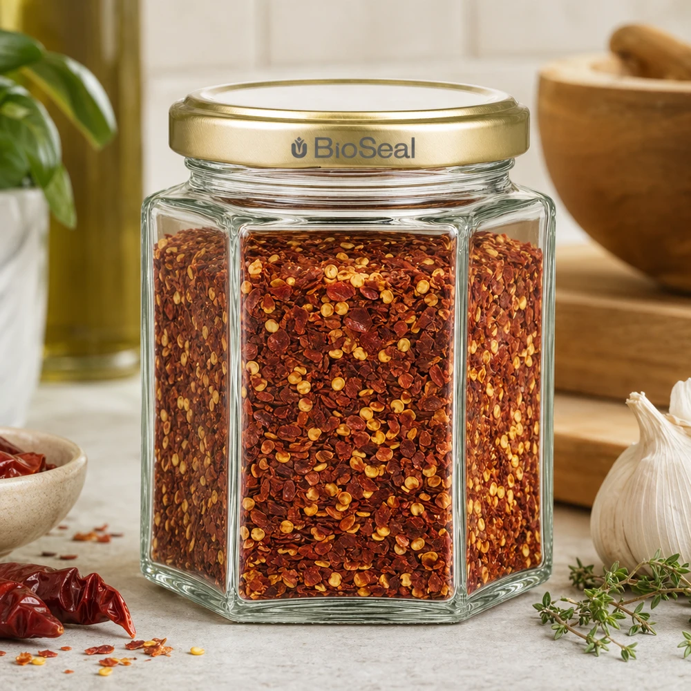 Honingpot 250 g met gouden BioSeal UNiTWIST-deksel 250g honingpot zeshoekig gevuld met chilli kruidenmix gouden BioSeal deksel keuken sfeer met knoflook tijm