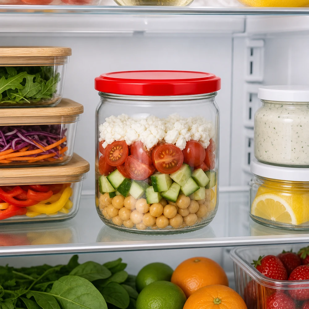 425ml Rundglas mit rotem BasicSeal Deckel für Meal Prep im Kühlschrank - UNiTWIST Glas mit Schichtsalat