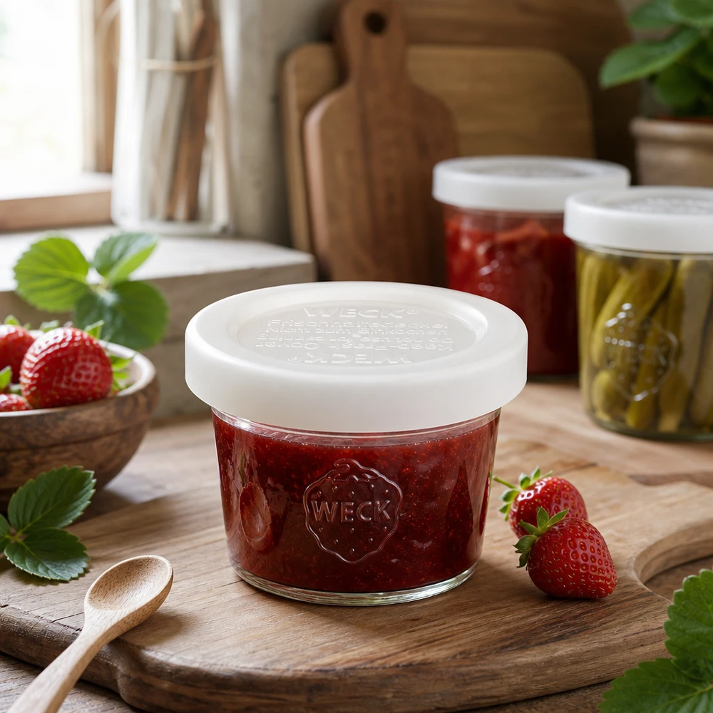 35ml stortglas met vershouddeksel WECK RR40 WECK 35ml RR40 potje gevuld met aardbeienjam op houten plank, toepassingsvoorbeeld voor kleine inmaakpotjes