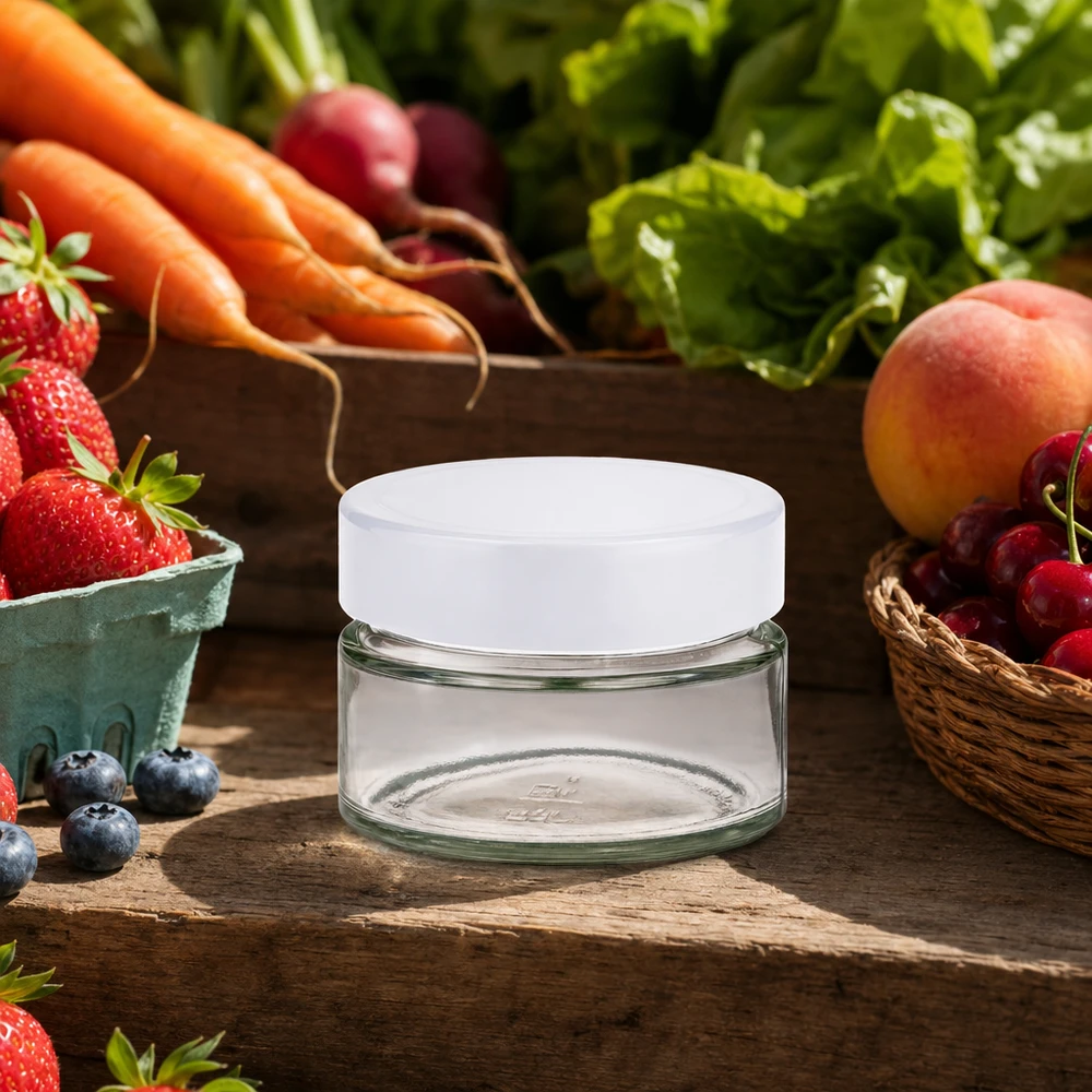 130ml rond glas UNiTWIST BasicSeal wit in een natuurlijke keukenomgeving met vers fruit en groenten