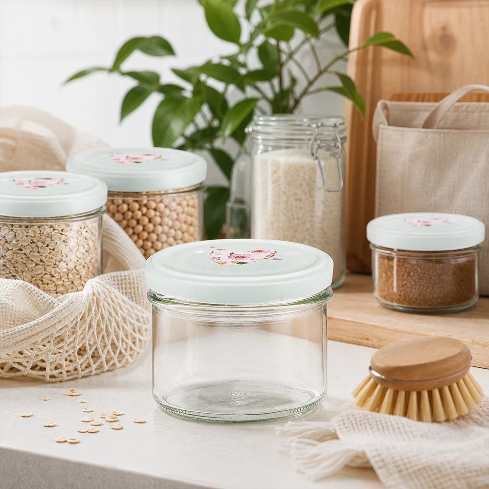 225 ml bekers met mint BasicSeal hartvormige deksel in duurzame zero-waste keuken met voorraadpotten en jute zak