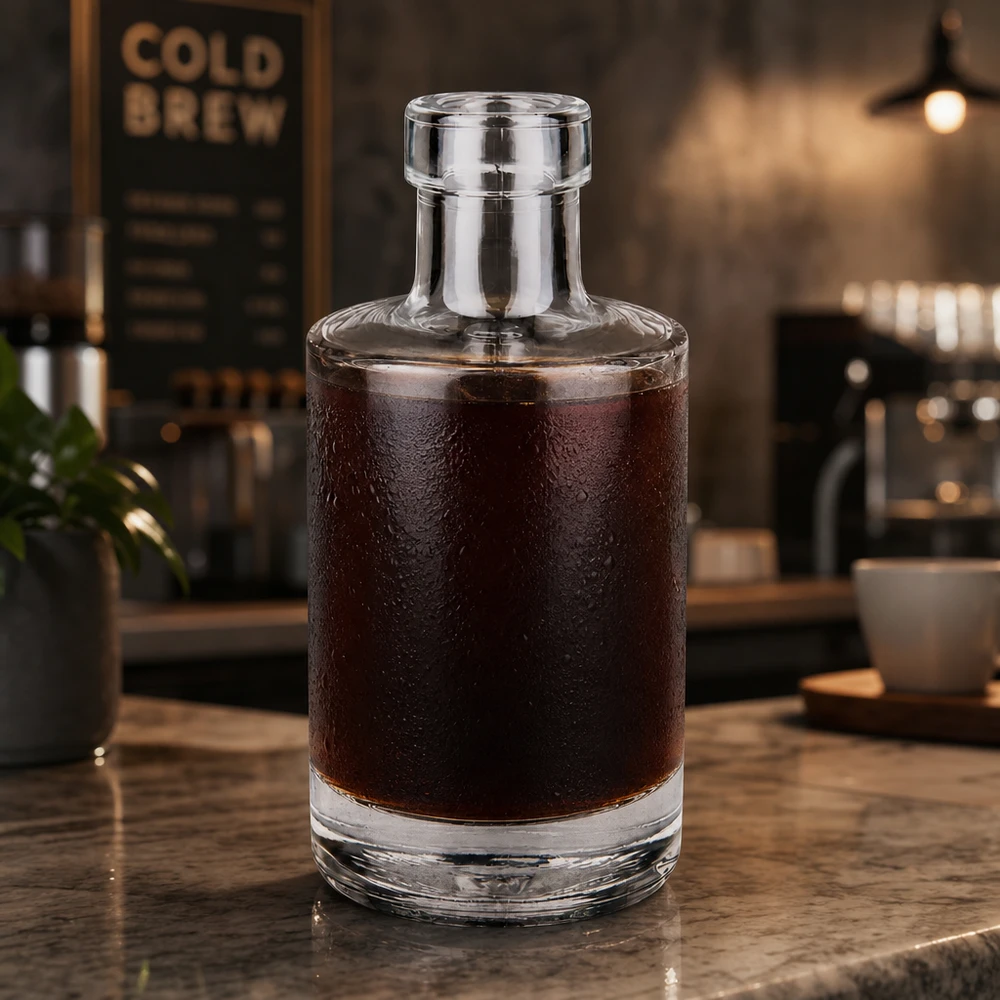 200 ml glazen fles Marie zonder sluiting UNiTWIST® 200ml glazen fles Marie gevuld met cold brew koffie in een moderne café sfeer Toepassing voorbeeld koffiewinkel