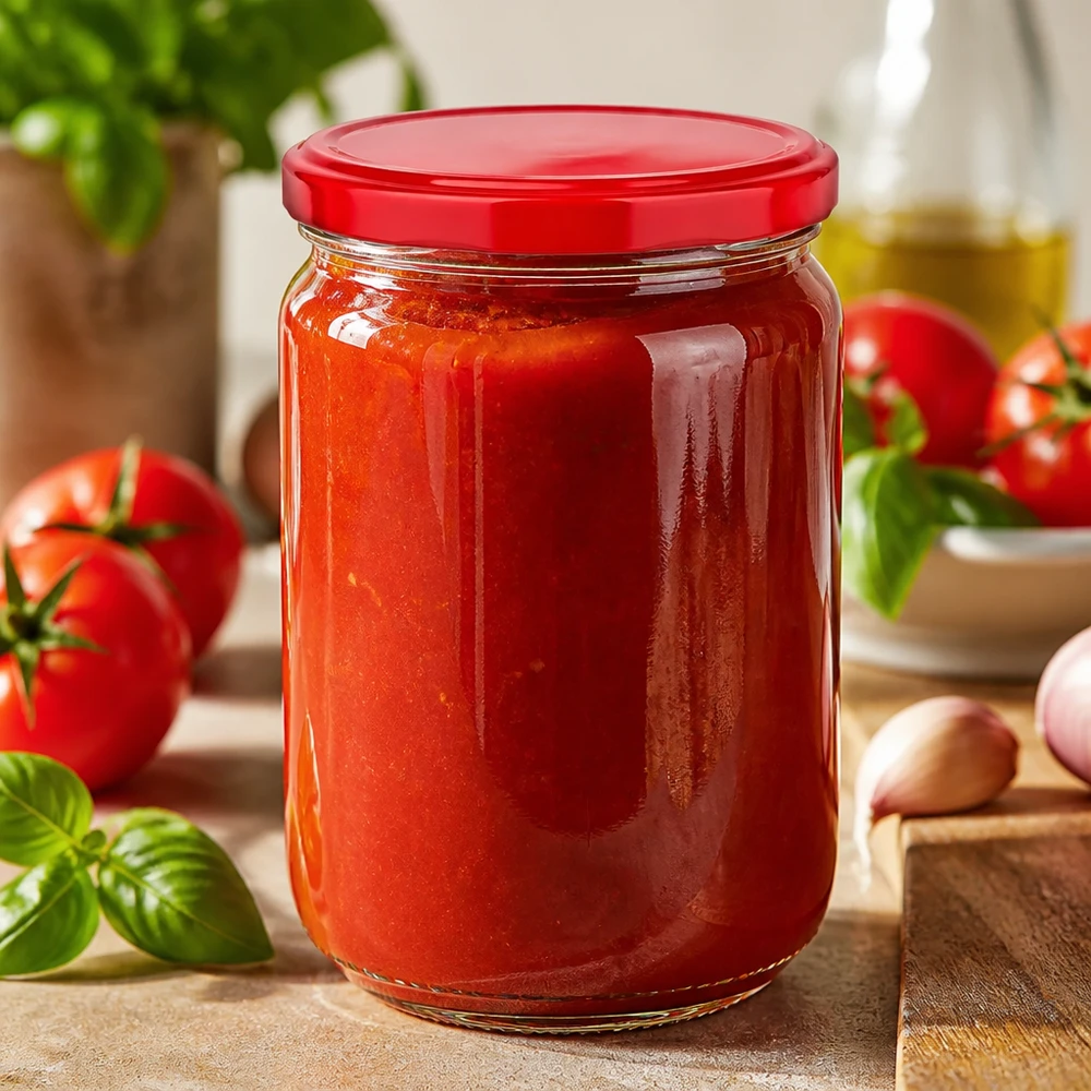 Voedselveilige ronde glazen pot UNiTWIST van 555 ml met rode BasicSeal-deksel voor sauzen en chutneys