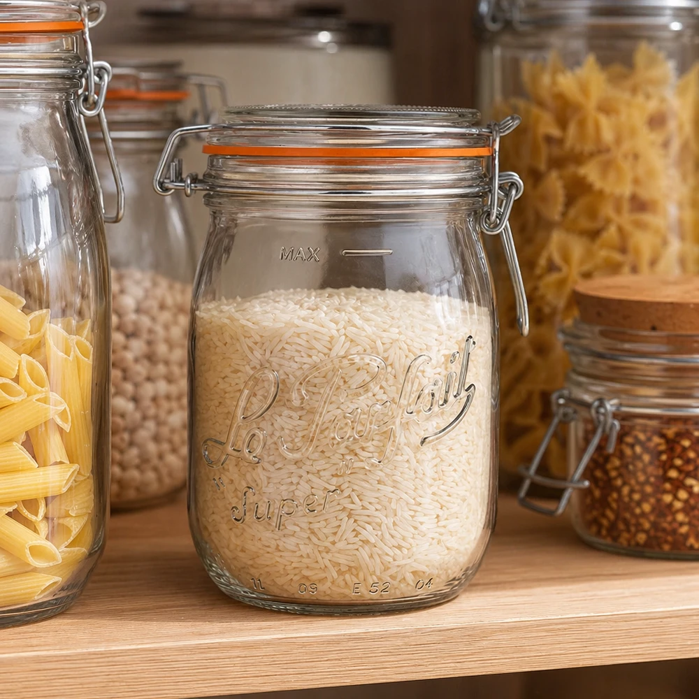 1000ml Le Parfait Super voorraadpot met draaidop gevuld met rijst in een moderne keuken met andere voorraadpotten