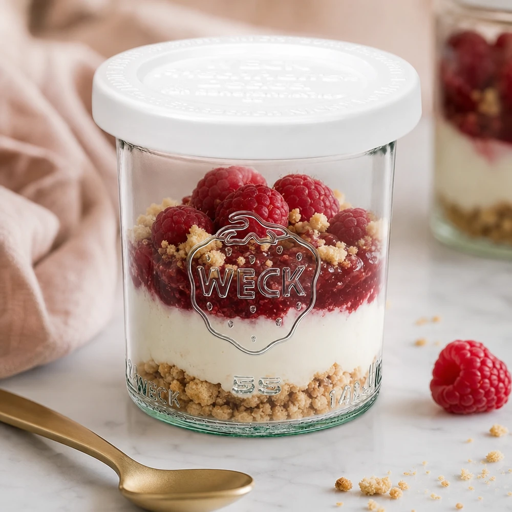 WECK 140ml RR60 bekers gevuld met frambozen en mascarpone dessert - elegante presentatie voor zoete desserts