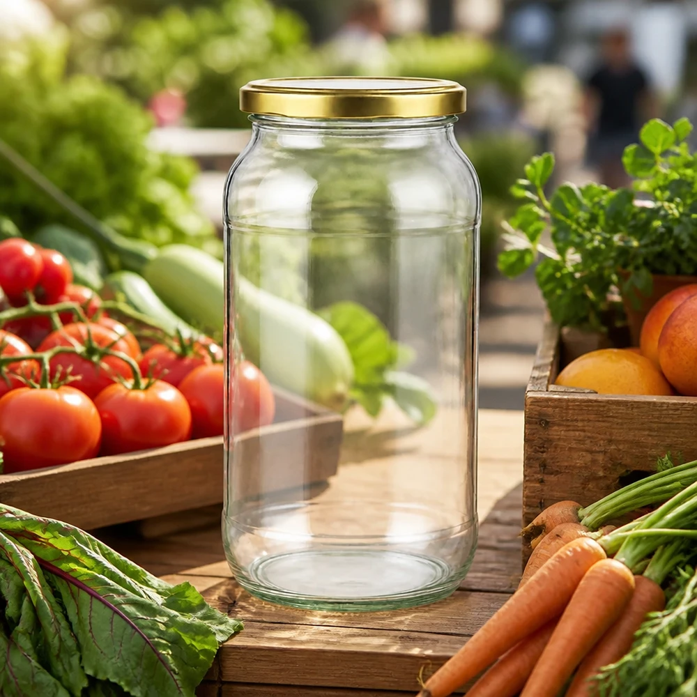 1062ml rond glas met BasicSeal deksel goud UNiTWIST 1062ml ronde pot met gouden BasicSeal deksel tussen verse tomaten en wortelen op een houten tafel in de tuin