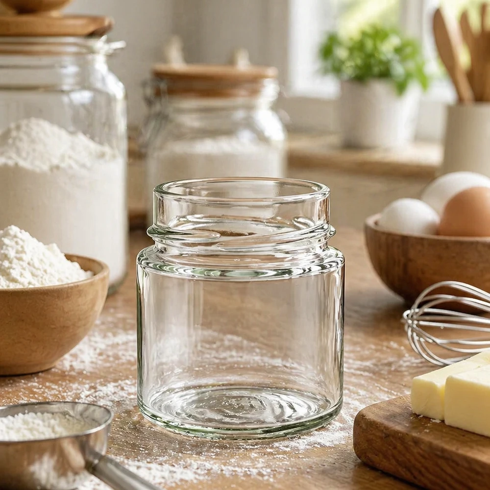 135ml rond glas zonder deksel (TO58deep) UNiTWIST Lege ronde inmaakpot 135ml UNiTWIST Runda135 TO58deep op keukentafel tussen bakingrediënten en keukengerei