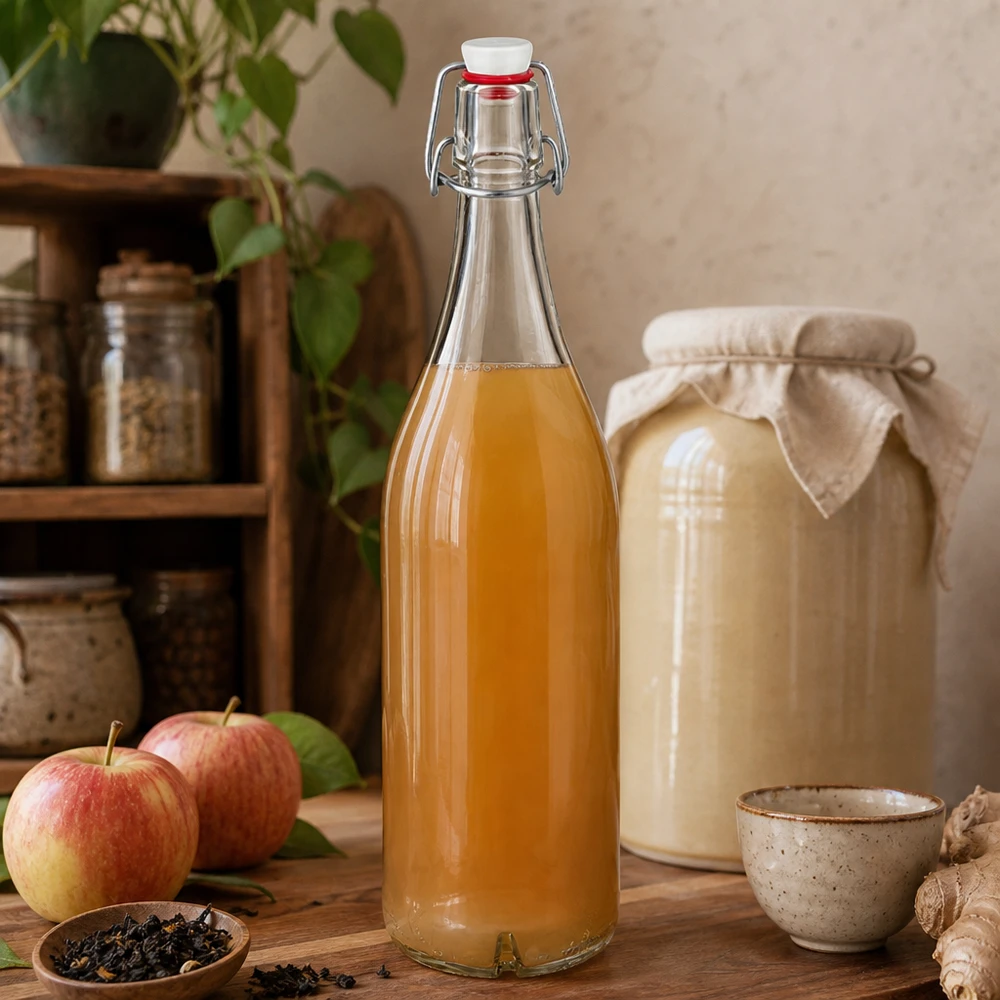 Glazen fles van 1000 ml + porseleinen slingerdop UN... 1000ml glazen fles met draaidop gevuld met appelsap naast verse appels en kombucha in een rustieke keuken