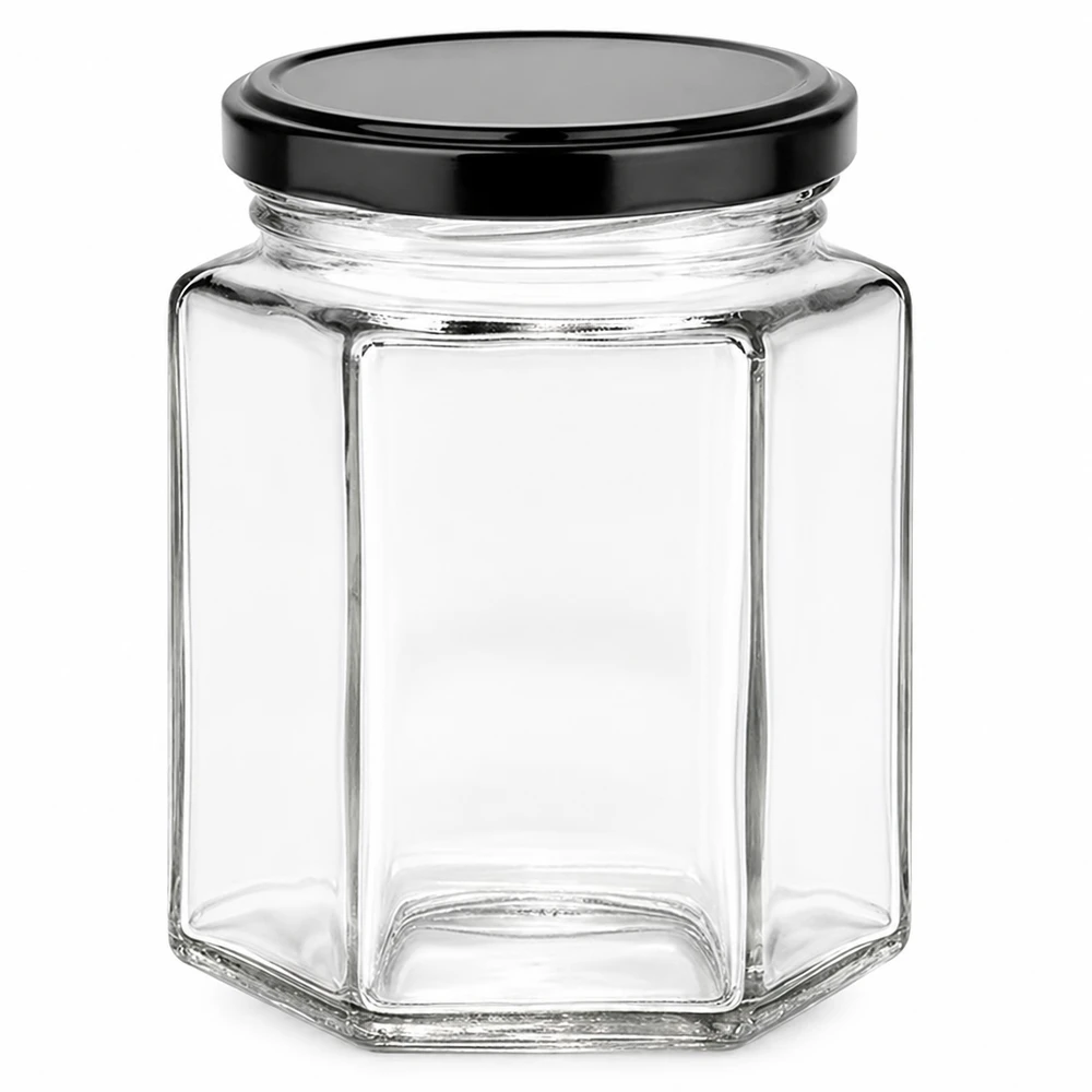 Zeshoekige pot 196 ml met zwart BasicSeal deksel - zeshoekige jampot van helder glas voor conserven en smeersels