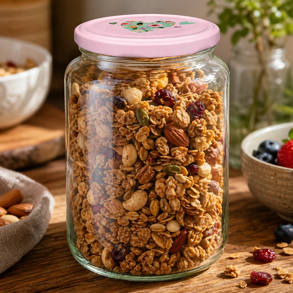 795 ml ronde pot + BasicSeal-deksel roze hart UNiTWIST Rundglas 795ml mit rosa Herzdeckel gefüllt mit Müsli Nüssen und Trockenfrüchten als praktisches Vorratsglas für Küche