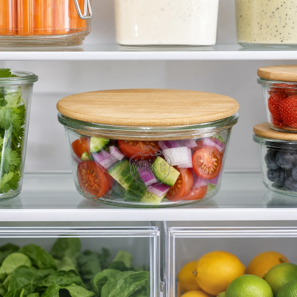 WECK bekers 290ml RR100 met bamboe houten deksel in de koelkast, gevuld met verse salade, optimaal bewaren