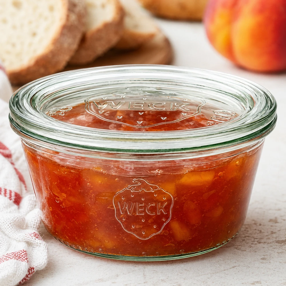 290 ml laag potje met glazen deksel WECK RR100 WECK pot 290ml RR100 met perzikjam en glazen deksel naast brood en fruit in een gezellig keukentafereel