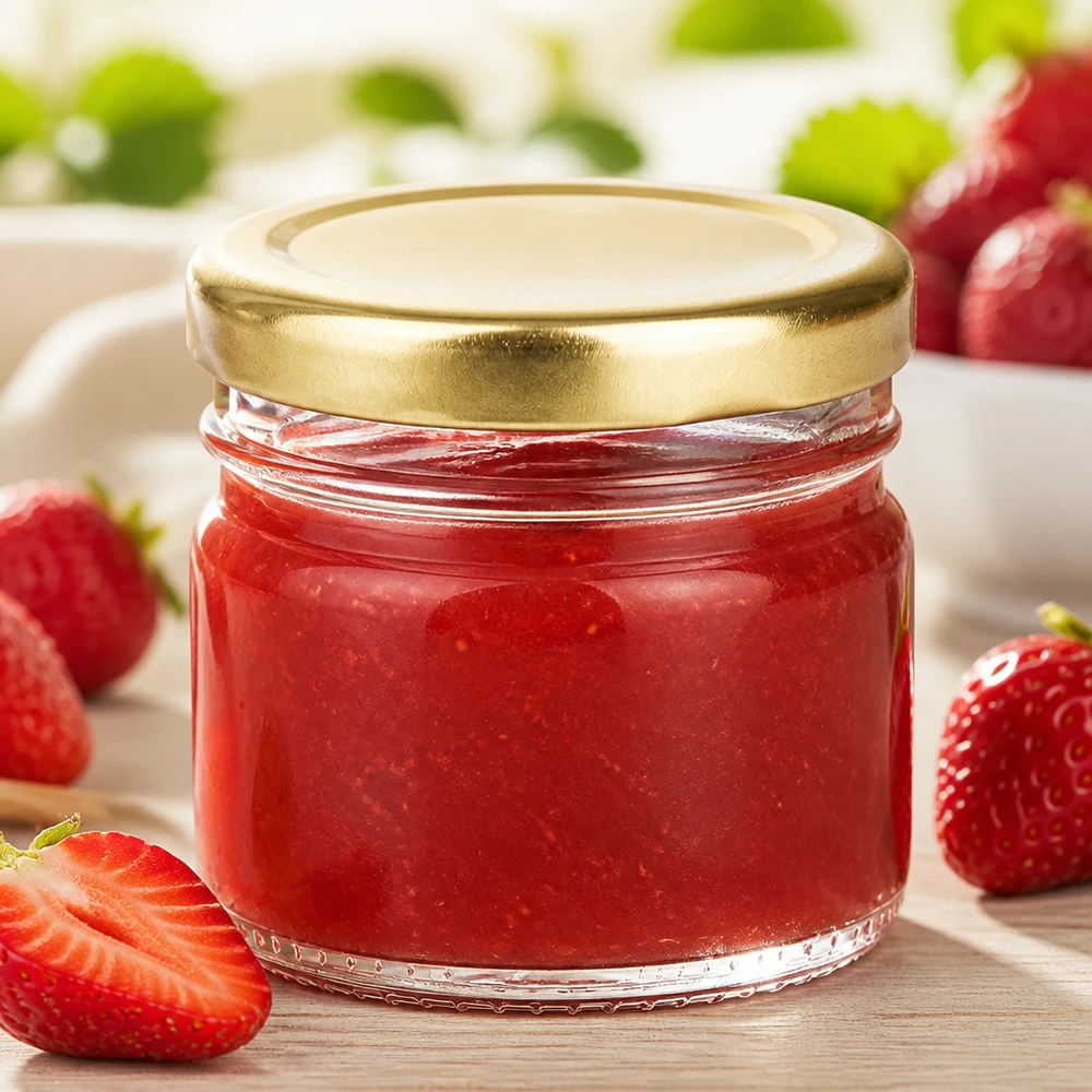 Doorzichtig portieglas van 33 ml met gouden draaideksel voor aardbeienjam, als bedankje voor gasten