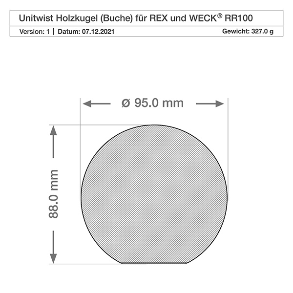 1062ml tulpenglas WECK RR100 met houten bal Technische tekening van de beukenhouten kogel voor WECK RR100 pot met afmetingen 95mm diameter en 88mm hoogte