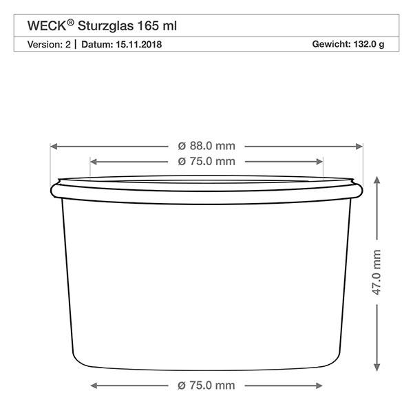 165ml stortglas compleet WECK RR80 Technische maattekening WECK 165ml RR80 bekers met afmetingen diameter 88mm hoogte 47mm gewicht 132g